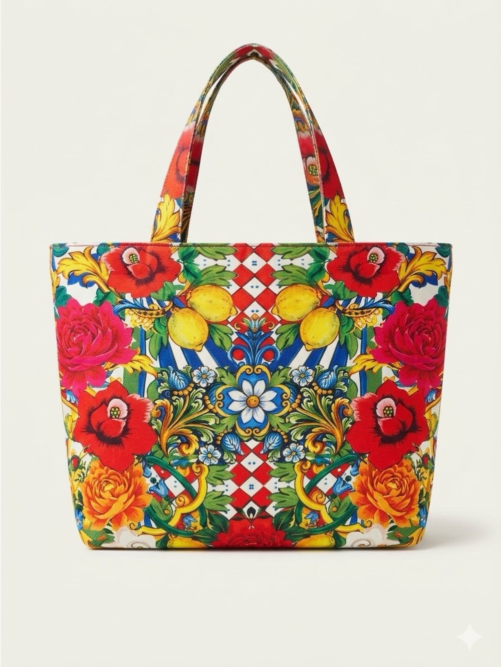 KHAADI- Vibrant Floral & Lemon Print Tote Bag - Multicolor